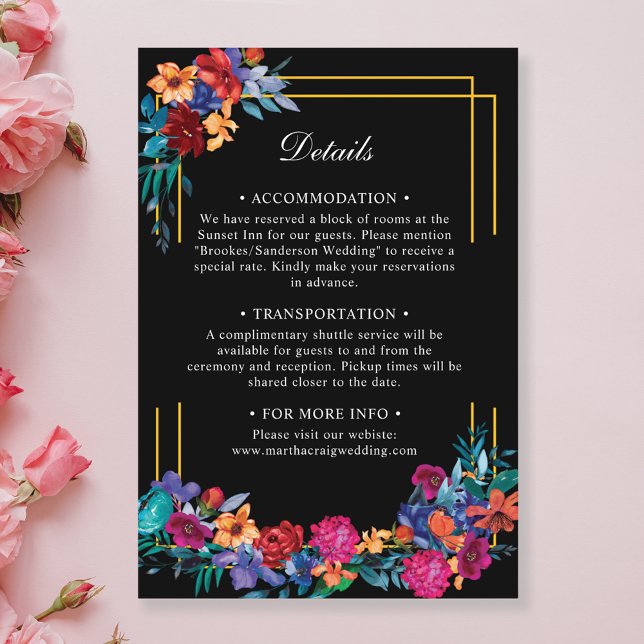 Tarjeta De Recepción Detalles del Boda floral Fiesta mexicano negro (Subido por el creador)