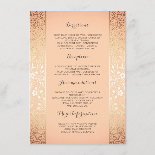 Tarjeta De Recepción Detalles del Boda floral Gold Peach - Información (Anverso)