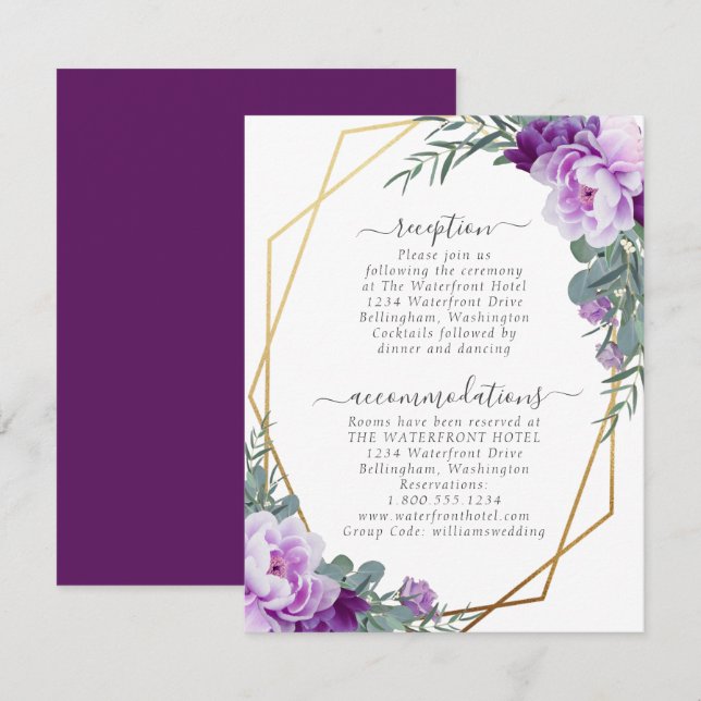 Tarjeta De Recepción Detalles del Boda floral Gold y Purple Elegal (Anverso / Reverso)