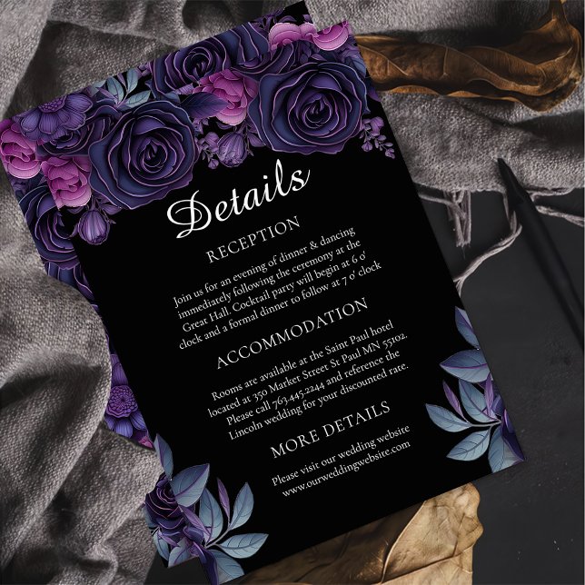 Tarjeta De Recepción Detalles del Boda floral gótico oscuro morado mora (Subido por el creador)