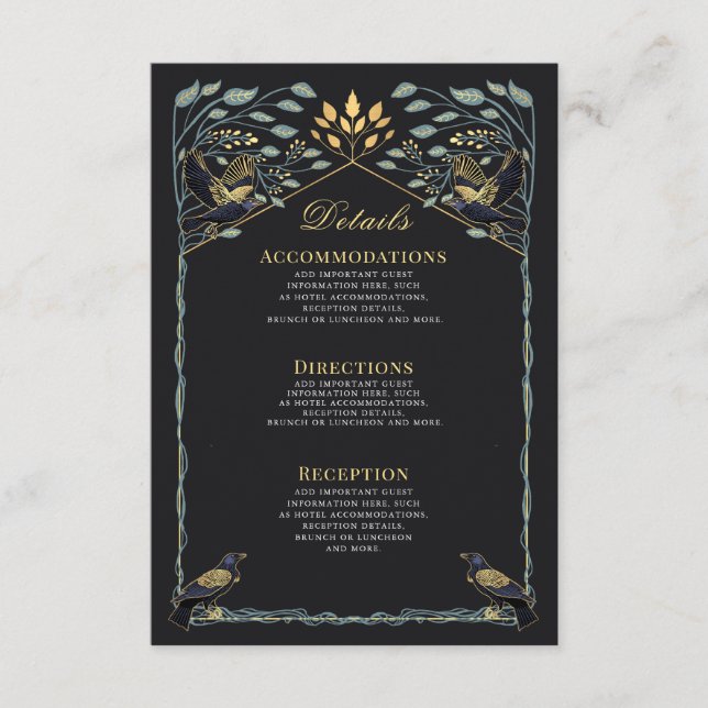Tarjeta De Recepción Detalles del Boda floral gótico Raven encantado (Anverso)