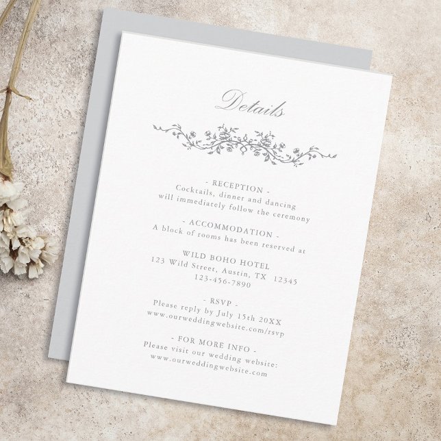Tarjeta De Recepción Detalles del Boda floral Gris Classic French (Subido por el creador)