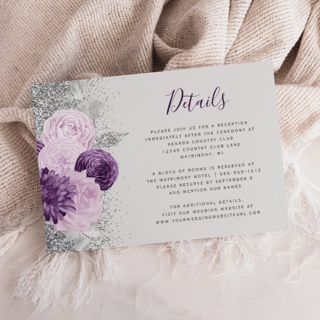 Tarjeta De Recepción Detalles del Boda Floral Gris Purple Silver (Subido por el creador)