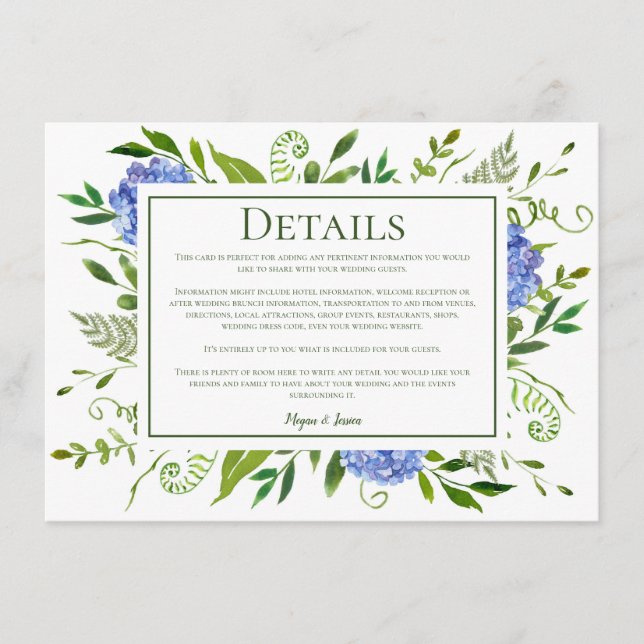 Tarjeta De Recepción Detalles del Boda floral LGBTQ Blue Hydrangeas (Anverso)