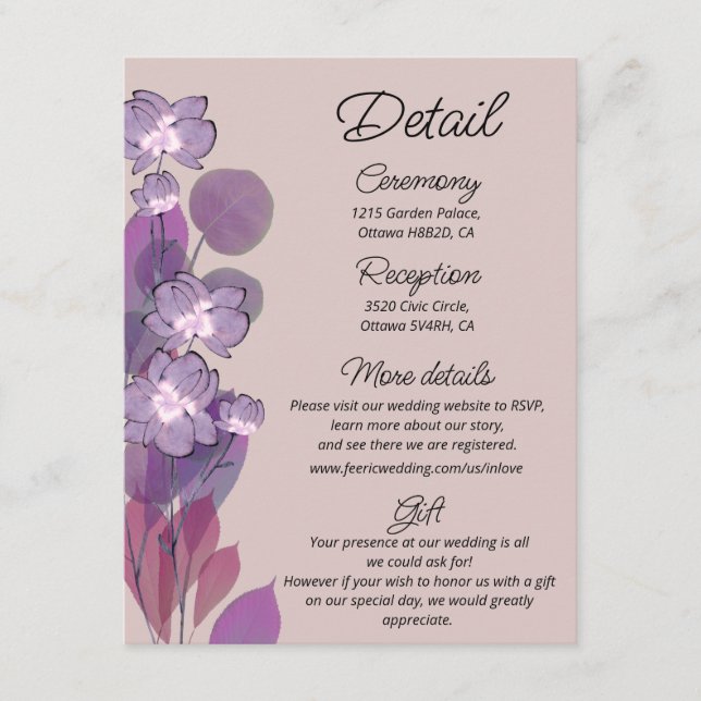Tarjeta De Recepción Detalles del boda floral malva morado (Anverso)