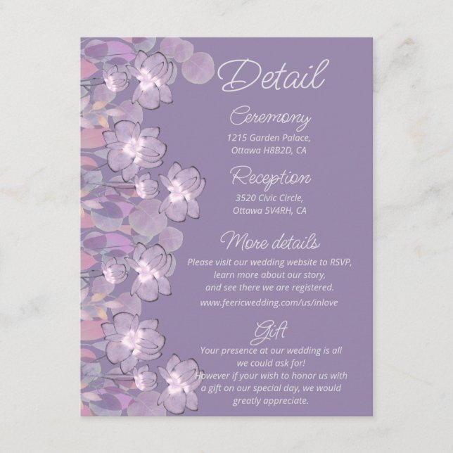 Tarjeta De Recepción Detalles del boda floral malva morado (Anverso)