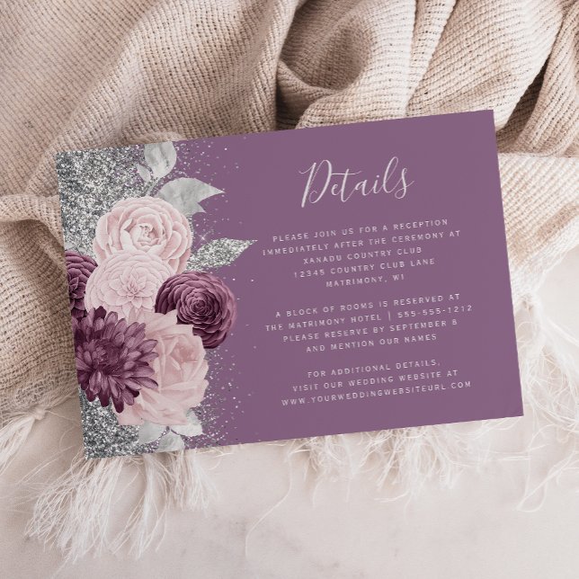 Tarjeta De Recepción Detalles del Boda Floral Mauve Rubor Silver (Subido por el creador)