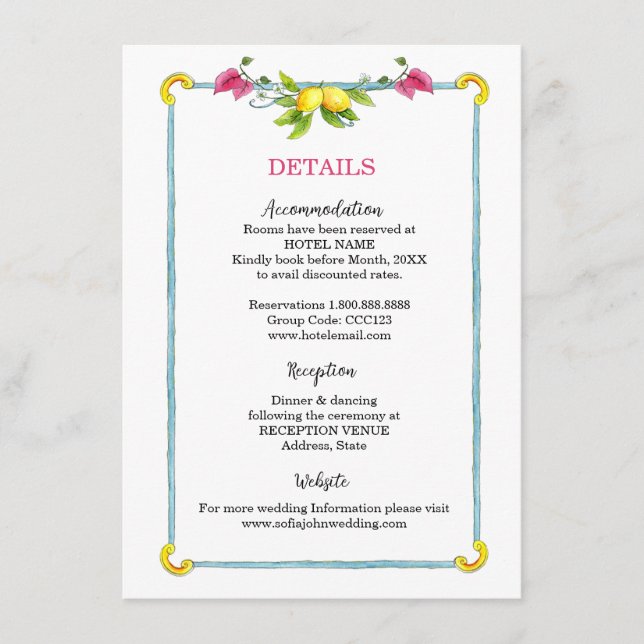 Tarjeta De Recepción Detalles del boda floral mediterráneo Amalfi (Anverso)