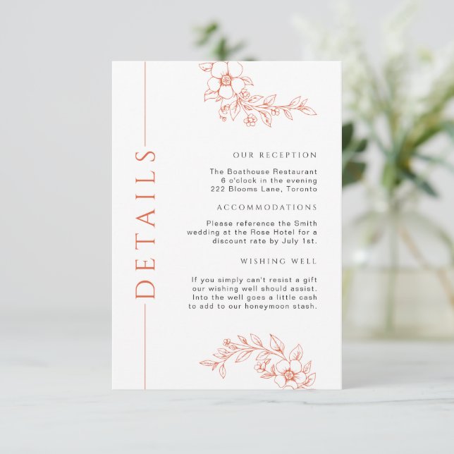 Tarjeta De Recepción Detalles del Boda floral mínimo del Naranja quemad (Anverso de pie)