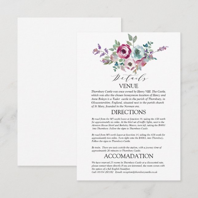 Tarjeta De Recepción Detalles del Boda floral Mint & Mauve (Anverso / Reverso)