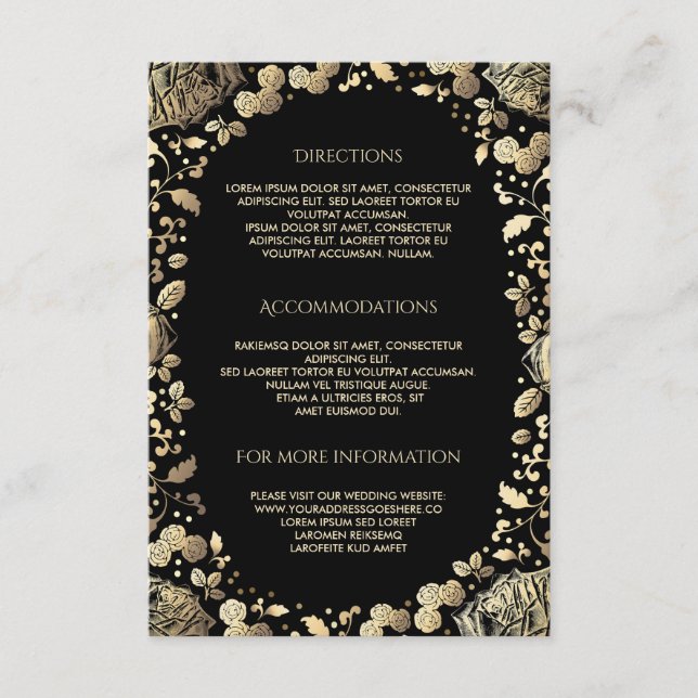 Tarjeta De Recepción Detalles del Boda floral negro y dorado - Informac (Anverso)