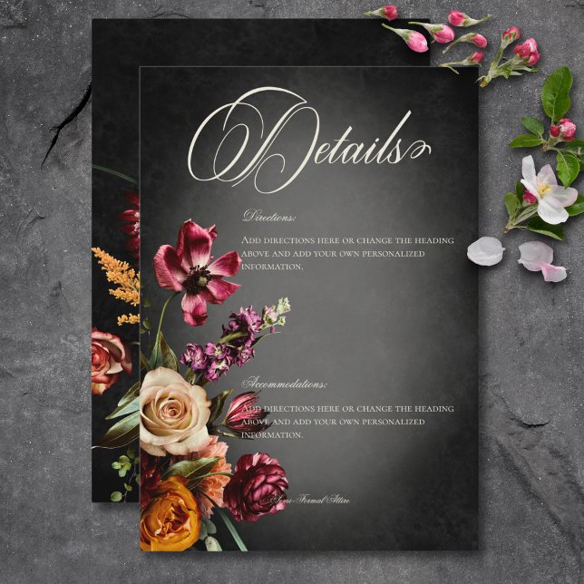 Tarjeta De Recepción Detalles del Boda floral oscuro y elegante (Dark Elegant Blur Autumn Floral Wedding Details Enclosure Card)