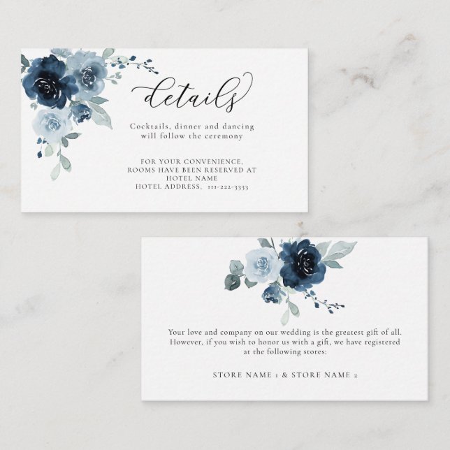 Tarjeta De Recepción Detalles del Boda Floral Pastel de la Marina Azul  (Anverso / Reverso)