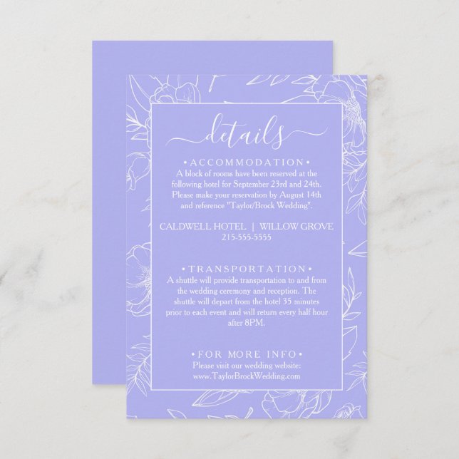 Tarjeta De Recepción Detalles del Boda Floral Periwinkle (Anverso / Reverso)