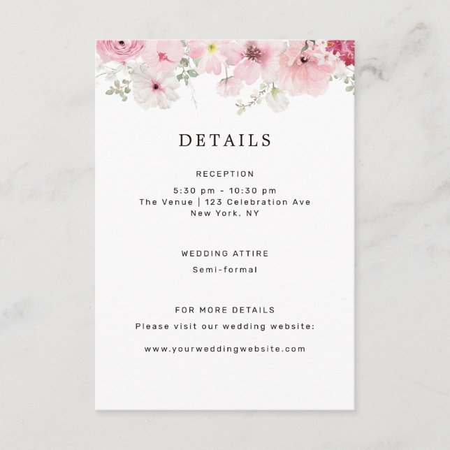 Tarjeta De Recepción Detalles del Boda floral rosa (Anverso)