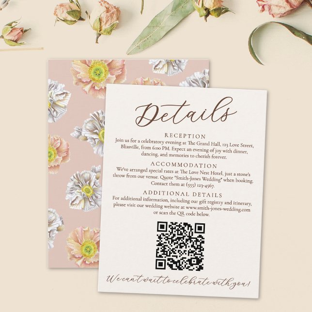 Tarjeta De Recepción Detalles del Boda floral rosa caprichoso y código  (Pink watercolor floral wedding details card with QR Code.)