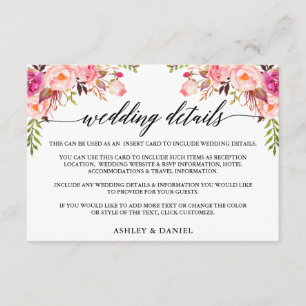 Tarjeta De Recepción Detalles del Boda floral rosa de caligrafía modern