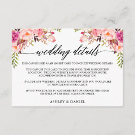 Tarjeta De Recepción Detalles del Boda floral rosa de caligrafía modern