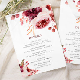Tarjeta De Recepción Detalles del Boda floral Rosa de otoño bohemio