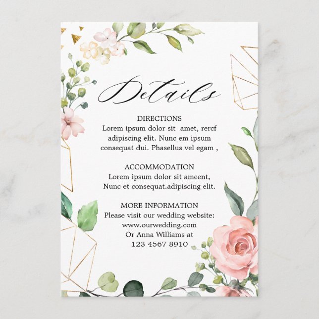 Tarjeta De Recepción Detalles del Boda floral Rosa de Rubor rosa Pastel (Anverso)
