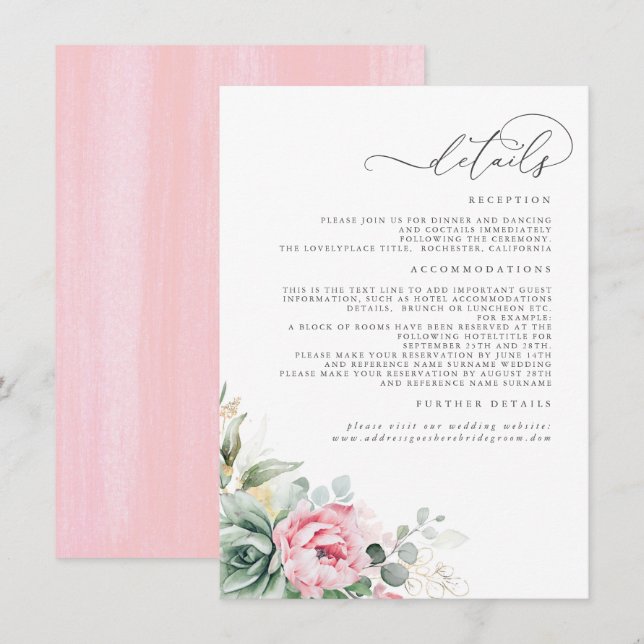 Tarjeta De Recepción Detalles del Boda Floral Rosa de Verdor Suculento (Anverso / Reverso)