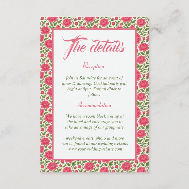 Tarjeta De Recepción Detalles del Boda floral rosa romántico (Anverso)