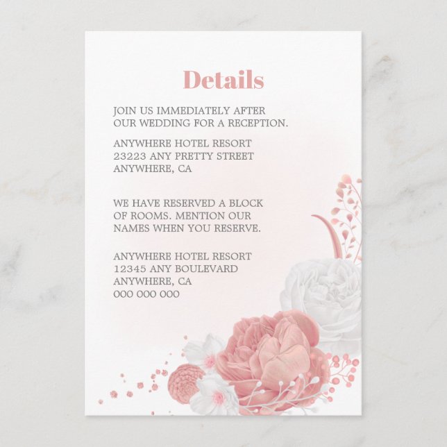 Tarjeta De Recepción detalles del boda floral rosa y blanco (Anverso)