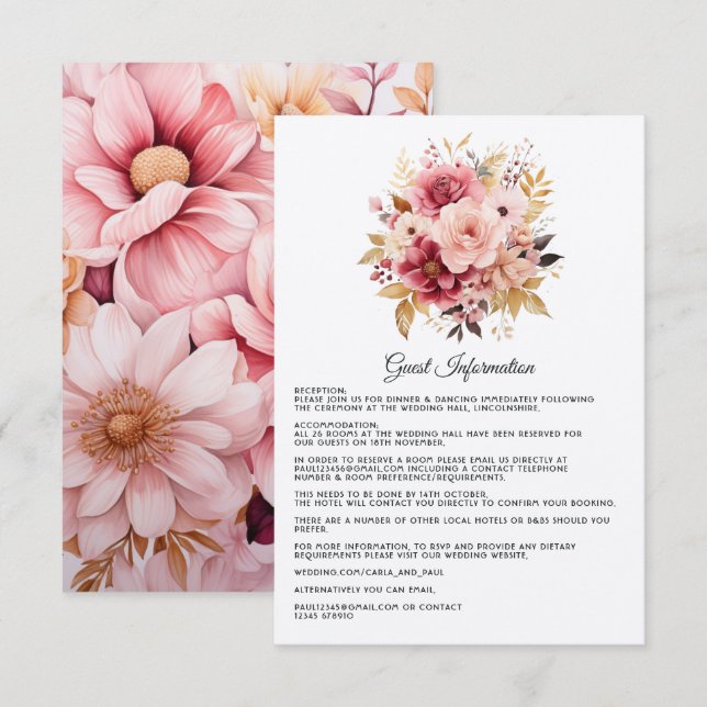 Tarjeta De Recepción Detalles del Boda Floral Rosa y Oro (Anverso / Reverso)