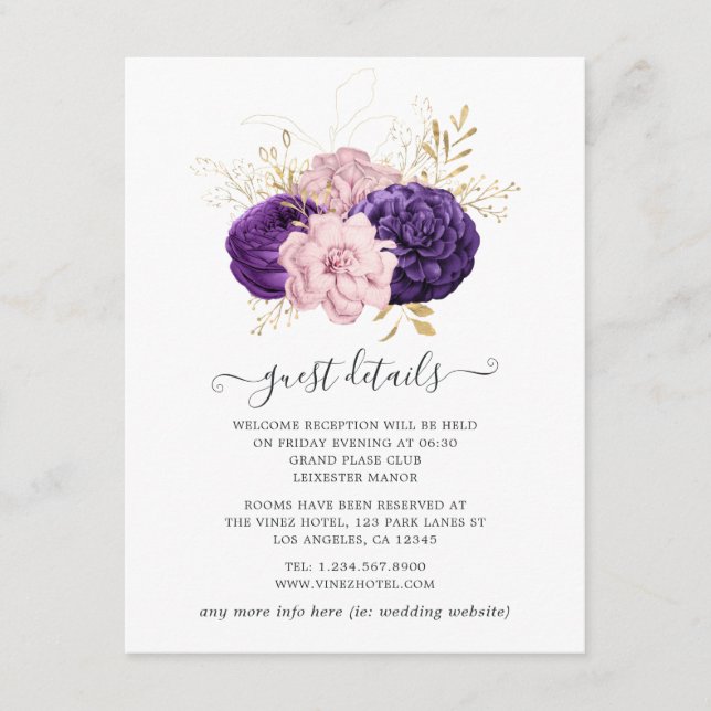 Tarjeta De Recepción Detalles del Boda floral rosa y púrpura (Anverso)