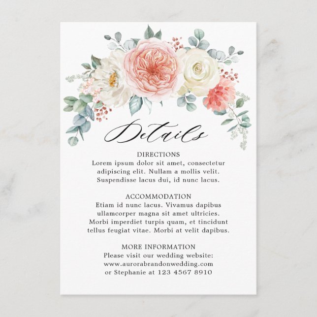 Tarjeta De Recepción Detalles del Boda floral rosado de pasto de verano (Anverso)
