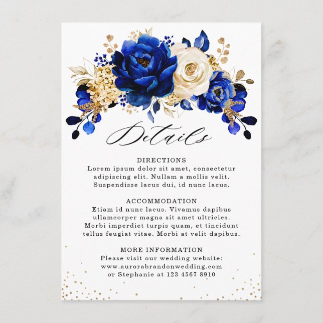 Tarjeta De Recepción Detalles del Boda floral Royal Blue Yellow Gold (Anverso)