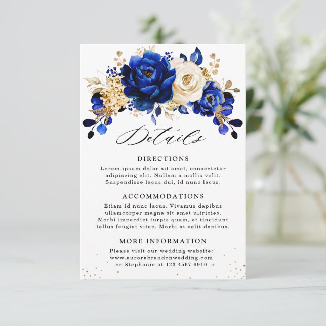 Tarjeta De Recepción Detalles del Boda floral Royal Blue Yellow Gold (Anverso de pie)