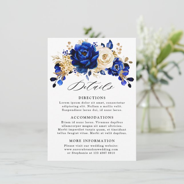 Tarjeta De Recepción Detalles del Boda floral Royal Blue Yellow Gold (Anverso de pie)