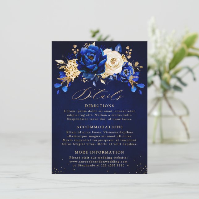 Tarjeta De Recepción Detalles del Boda floral Royal Blue Yellow Gold En (Anverso de pie)