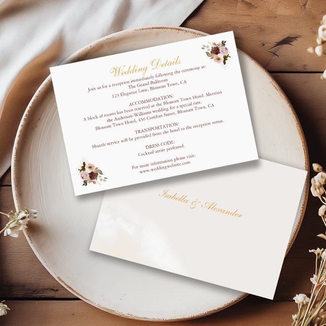 Tarjeta De Recepción Detalles del Boda floral Rubor Peony & Gold Burgun (Subido por el creador)