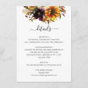 Tarjeta De Recepción Detalles del Boda floral rústico de girasol de Bor