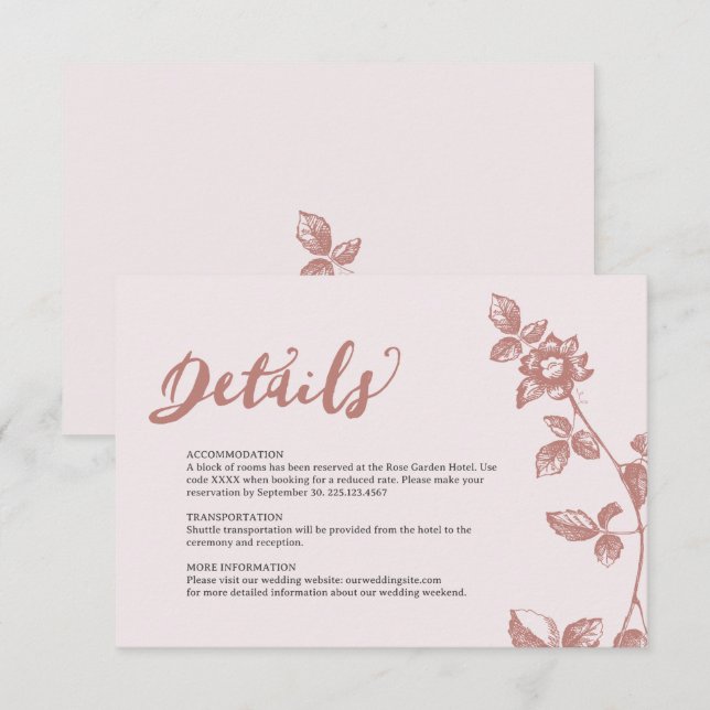 Tarjeta De Recepción Detalles del Boda floral rústico rosa y agitado (Anverso / Reverso)
