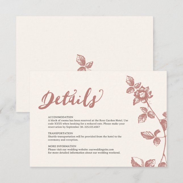 Tarjeta De Recepción Detalles del Boda floral rústico y cálido Rosa (Anverso / Reverso)