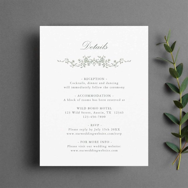 Tarjeta De Recepción Detalles del Boda floral Sage Green Classic (Subido por el creador)