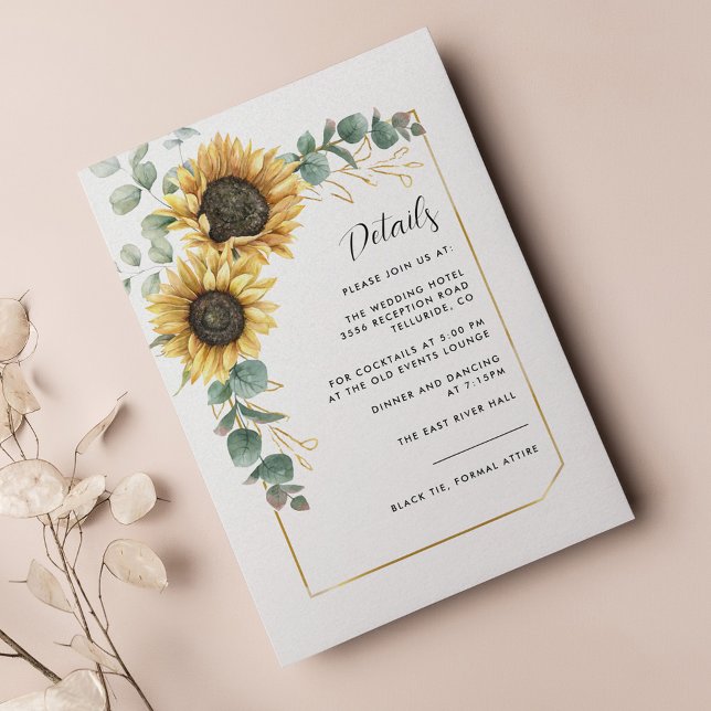 Tarjeta De Recepción Detalles del Boda Floral Sunflower Greeneration (Sunflower Eucalyptus Botanical Wedding Details Enclosure Card)