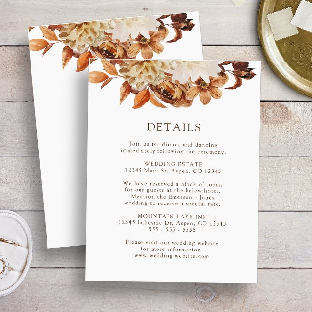 Tarjeta De Recepción Detalles del Boda floral Terracotta de otoño blanc (White Fall Terracotta Floral Wedding Details Enclosure Card
)