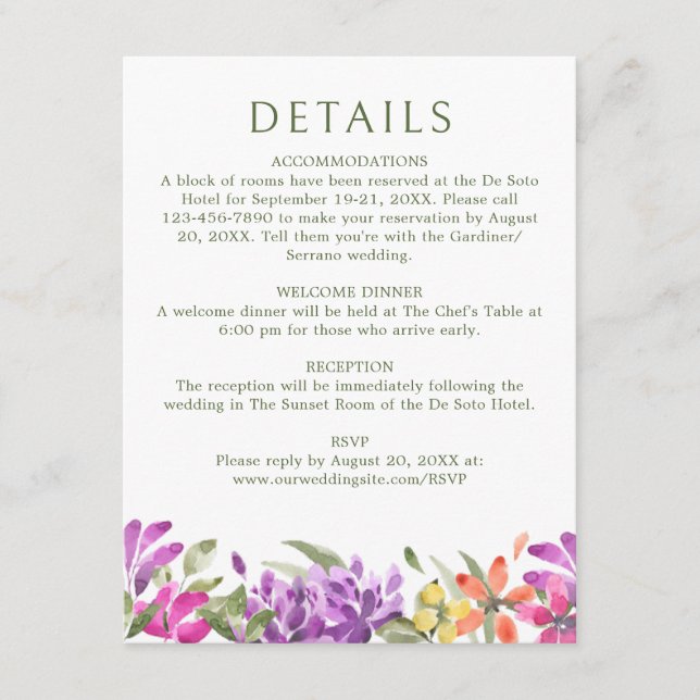 Tarjeta De Recepción Detalles del Boda floral tropical brillante (Anverso)