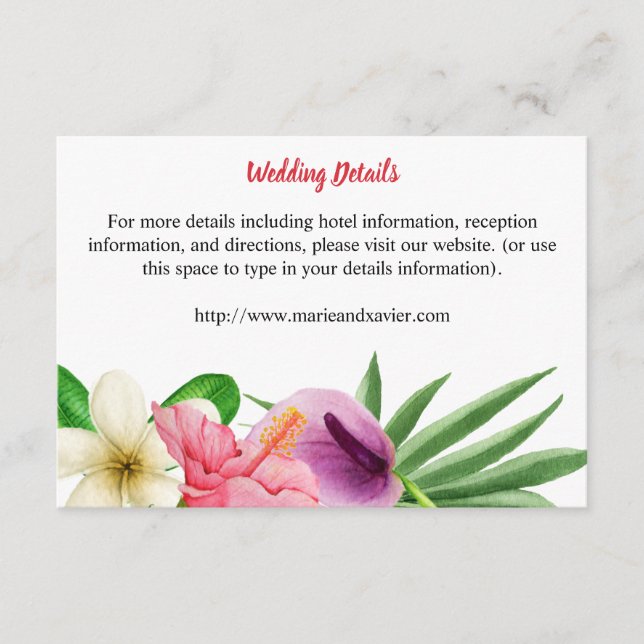 Tarjeta De Recepción Detalles del Boda floral tropical hawaiano (Anverso)