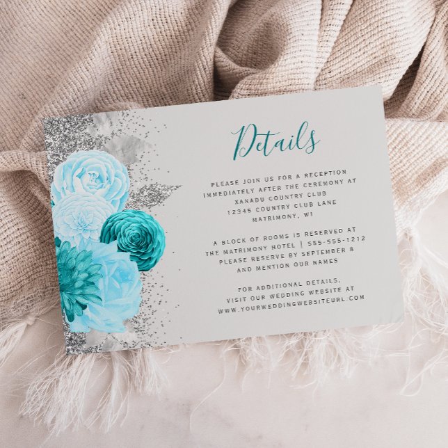 Tarjeta De Recepción Detalles del Boda Floral Turquesa Gris Plata (Subido por el creador)