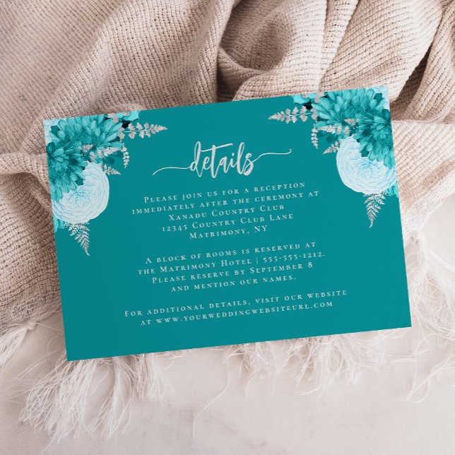 Tarjeta De Recepción Detalles del Boda floral turquesa plateado (Subido por el creador)