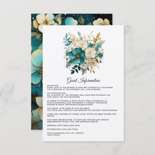 Tarjeta De Recepción Detalles del Boda floral verde azulado y dorado (Anverso / Reverso)