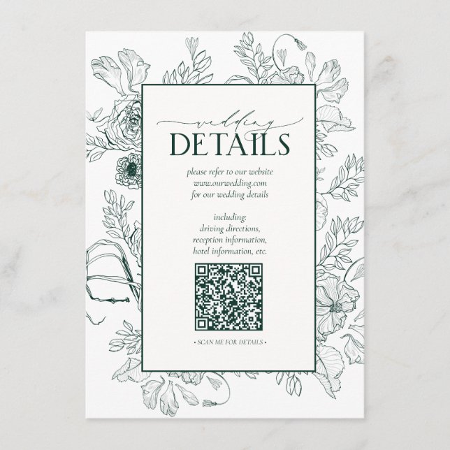 Tarjeta De Recepción Detalles del Boda floral verde esmeralda del códig (Anverso)