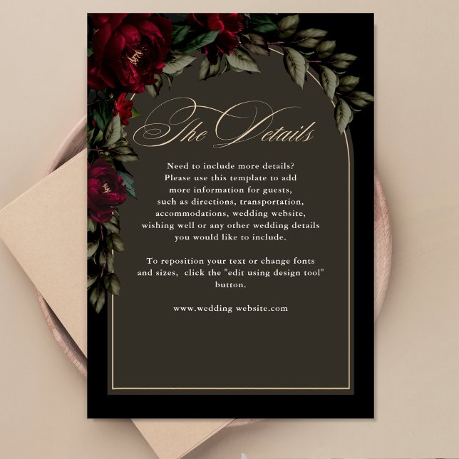 Tarjeta De Recepción Detalles del boda floral verde oscuro gótico rojo  (Subido por el creador)