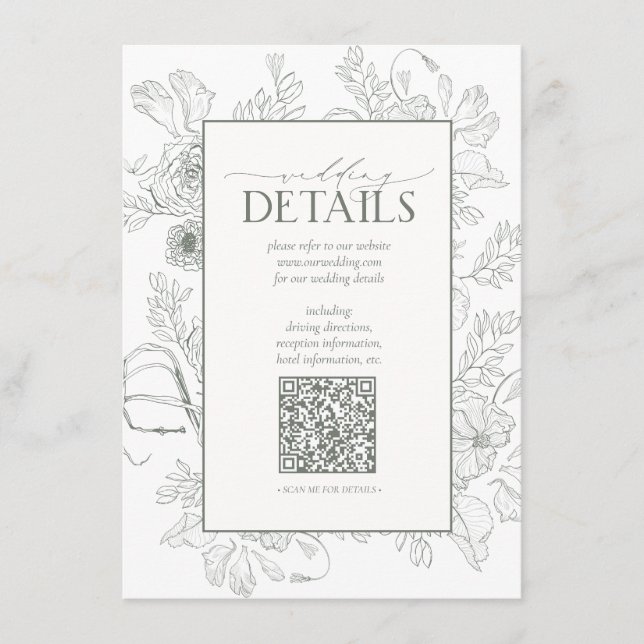 Tarjeta De Recepción Detalles del Boda floral verde sage del código QR (Anverso)