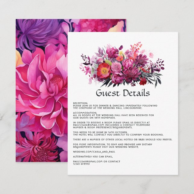 Tarjeta De Recepción Detalles del Boda Floral Viva Magenta (Anverso / Reverso)
